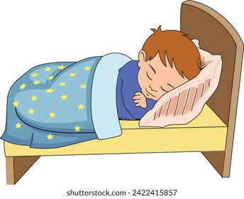 A cute cartoon illustration featuring a little boy peacefully asleep on his bed. Perfect for adding a touch of sweetness to children's books, posters, or any creative project.