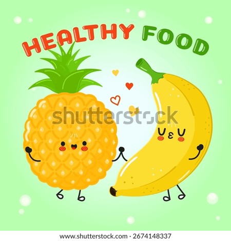 Cute cartoon illustration featuring a pineapple and a banana holding hands, with 'healthy food' written above.