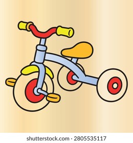 A cute cartoon illustration featuring a stylized colorful threewheeled bicycle for children with a red handlebar and yellow seat