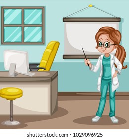 Cute Cartoon Illustration of a Female Doctor with a Whiteboard Standing in Her Office