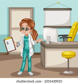 Cute Cartoon Illustration of a Female Doctor with a Clipboard in Her Office