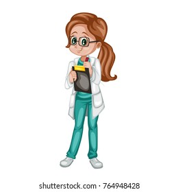 Cute Cartoon Illustration of a Female Doctor with a Clipboard