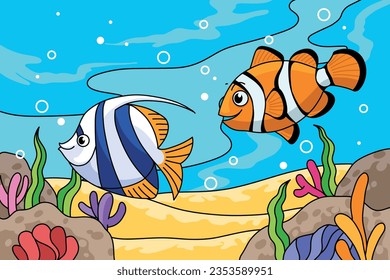 cute cartoon illustration of fish and coral reefs in the sea