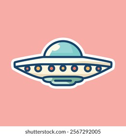 A cute cartoon illustration of a flat, disc-shaped UFO with lights around the edge, set against a pink background. Ideal for sci-fi themed designs and playful artwork.