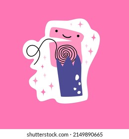 Cute cartoon illustration in a flat style. Dinosaur paw holds dental floss. A picture with sparkles in the form of stars. Flat style. Sticker, merch, promotional sticker for brushing your teeth. 