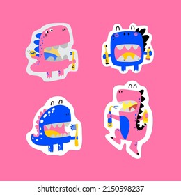 Cute cartoon illustration in a flat style. Four dinosaurs with toothpaste, dental floss, toothbrush, irrigator. Dino brush their teeth and have fun. Promotional stickers for brushing your teeth.