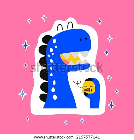 Cute cartoon illustration in flat style. The dinosaur smiles and holds a dental floss. A picture with sparkles in the form of stars. Sticker, merch, promotional sticker for brushing teeth.