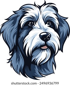 Cute cartoon illustration of a fluffy white and blue dog looking happy and playful