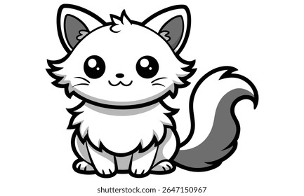 Uma ilustração de desenho animado bonito de uma raposa branca fofa com grandes olhos negros e um rabo afiado sentado e olhando para a frente com uma expressão feliz