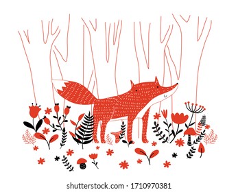 Cute cartoon illustration of fox in the woods. Red black and white vector hand drawn poster 
