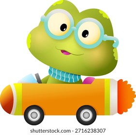 Linda ilustración de dibujos animados de un personaje de rana amigable que conduce un coche Pequeño. Diseño de estilo de Vector plano adecuado para contenido infantil, educación, diseño de mascotas, juegos, pegatinas e ilustraciones digitales. Aislado sobre fondo blanco.
