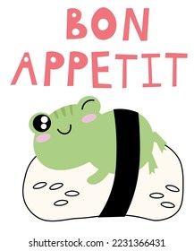 Cute cartoon illustration of a frog. Text Bon Appetit. Cute vector illustration frog doodle style. frog with a motivational inscription. Simple flat vector cartoon illustration EPS