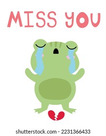 Cute cartoon illustration of a frog. Text Miss you. Cute vector illustration frog doodle style. frog with a motivational inscription. Simple flat vector cartoon illustration EPS