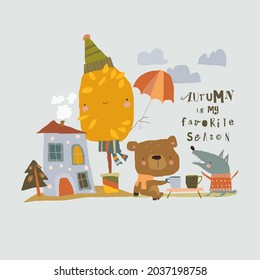 Cute cartoon Illustration with Funny Animals drinking Tea near Their House in Autumn Forest