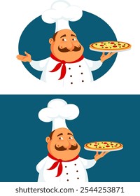 cute cartoon illustration of a funny pizza chef with moustache, holding a delicious pizza on a plate, welcoming his customers.