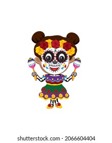 Cute cartoon illustration of a girl dressed up in Day of the Dead costume