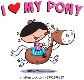 Cute cartoon illustration of a girl riding a little horse or pony.