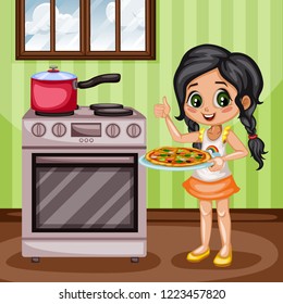 Cute Cartoon Illustration of a Girl Showing Thumb Up in the Kitchen and Holding a Tray with Tasty . Beautiful Little Kid Standing Next to Oven with a Pot