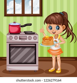 Cute Cartoon Illustration of a Girl Showing Thumb Up in the Kitchen and Holding a Tray with Tasty . Beautiful Little Kid Standing Next to Oven with a Pot