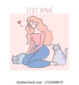 
Cute Cartoon illustration Girl stroking a cat. 