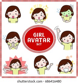 Cute cartoon illustration of girl and woman avatar icon in various activities and mood set 1. Girl icon set in Japanese manga style, create by vector
