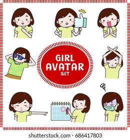Cute cartoon illustration of girl and woman avatar icon in various planning activities and mood set 2. Girl icon set in Japanese manga style, create by vector
