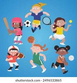 Cute cartoon illustration of girls doing sports. Kids playing baseball soccer tennis football basketball volleyball. Outdoors exercise fun. Flat colors