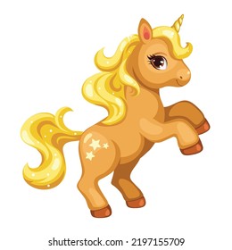 Cute Cartoon Illustration Of Golden Unicorn With Yellow Hair. Vector Character Isolated On White Background.