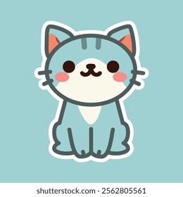 A cute cartoon illustration of a gray cat sitting with a happy expression, set against a blue background. Perfect for pet-themed designs and children's illustrations.