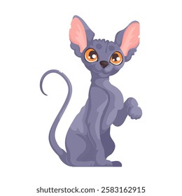 Cute cartoon illustration of a gray hairless Sphynx cat sitting with one paw raised, featuring orange eyes and large pink ears. Cartoon Sphynx Cat with Playful Pose