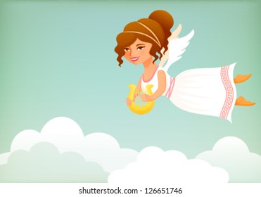 cute cartoon illustration from Greek mythology - a beautiful muse playing lyre with simple sky background. Funny cartoon character.