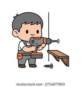 Una linda ilustración de dibujos animados de un manitas usando un taladro para unir un estante a una pared. El personal de mantenimiento lleva monos y un cinturón de herramientas, con un tornillo y un estante cerca.