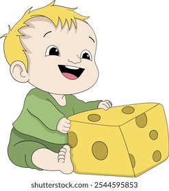 A cute cartoon illustration of a happy baby boy joyfully playing with a large, block shaped piece of cheese