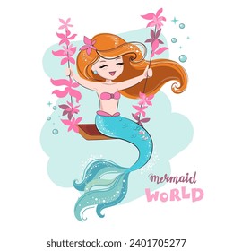 Cute cartoon illustration with happy beautiful mermaid swinging on a swing on a white background. T-shirt art, pajamas print