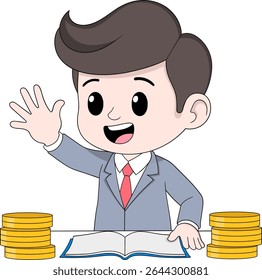 Cute cartoon illustration of a happy businessman wearing a suit and red tie, raising one hand while sitting at a desk with an open book and stacks of gold coins
