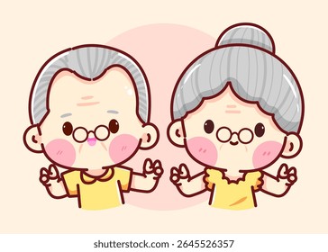 Cute cartoon illustration of happy elderly couple meditating peacefully. Conveys serenity, good health, and positive relationships in old age. Perfect for content related to seniors,