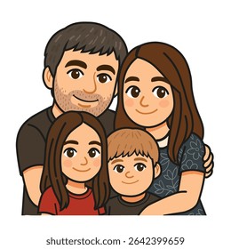 Cute cartoon illustration of a happy family with two children, hugging and smiling together. Warm, loving moment showing strong family bond, perfect for parenting, love, and lifestyle themes.