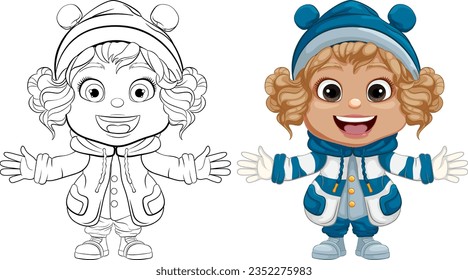 A cute cartoon illustration of a happy girl ready for winter