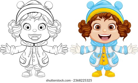 A cute cartoon illustration of a happy girl ready for winter