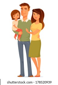 cute cartoon illustration of a happy young family. Beautiful woman and man, holding their child. Parenthood or family concept. Cartoon character. Isolated on white.