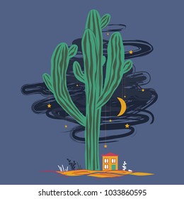 Cute cartoon illustration with high saguaro cactus and liitle house. Mexican fairy landscape, print for cards or textile