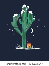 Cute cartoon illustration with high saguaro cactus and liitle house. Mexican fairy winter landscape, Christmas card