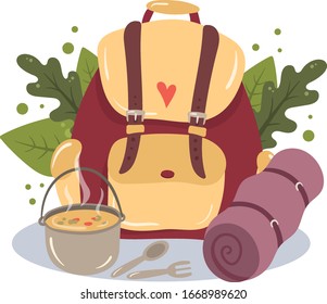 Cute cartoon illustration of hiking backpack with a bowler hat, sleeping bag and floral elements. Flat vector illustration.