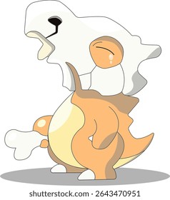 Cute cartoon illustration of a hybrid dinosaur like creature inspired by popular monster characters. The character wears a large white skull helmet and has an orange body with a cream-colored belly.