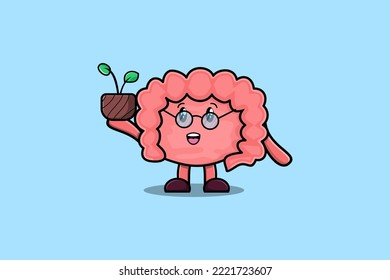 Cute cartoon illustration Intestine holding plant in a pot flat modern style design