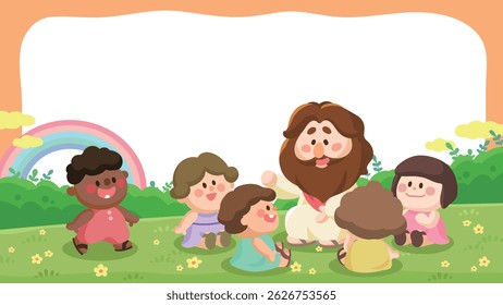 Um desenho animado bonito ilustração de Jesus sentado na grama com diversas crianças, conversando e sorrindo juntos em uma paisagem natural. Material escolar dominical, ministério das crianças, educação cristã