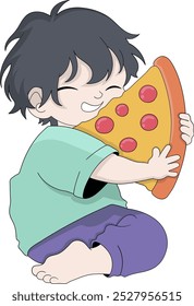 Eine niedliche Cartoon-Illustration eines fröhlichen Kindes sitzend, während umarmt ein großes Stück Pizza, zeigt eine spielerische und lustige Szene