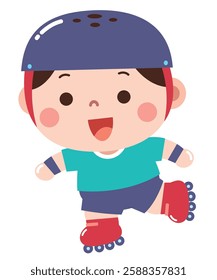 Cute cartoon illustration of a joyful child roller skating, wearing a protective helmet and safety gear