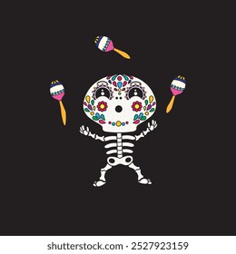 Cute cartoon illustration of a juggling skeleton