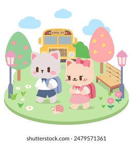 Nette Cartoon Illustration. Kawaii Katzen mit Rucksäcken und Schulbus. Nette Schulszene mit Kawaii Cats. Verspielte und bunte Illustration.